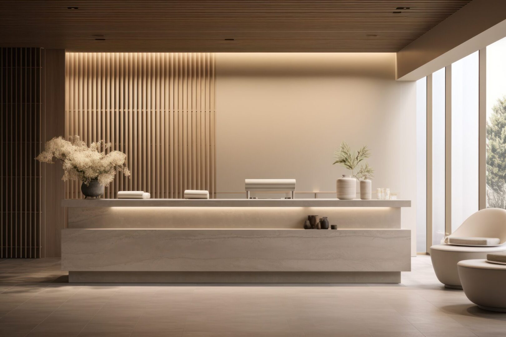 Minimalist reception desk with decorative vases