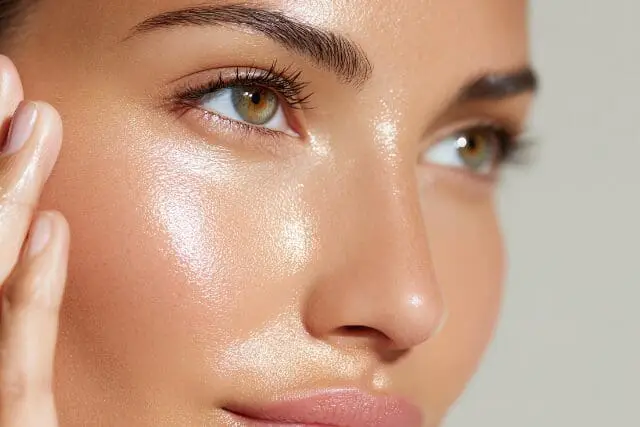 Close-up of dewy glowing facial skin