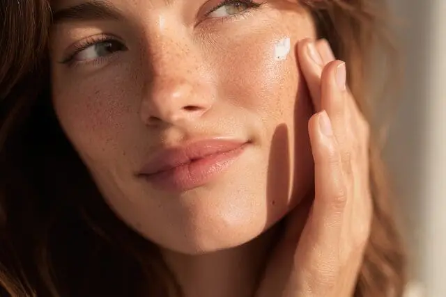 Woman applying moisturizer to her cheek